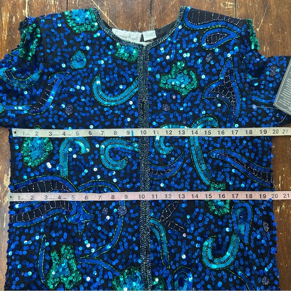 Vintage Laurence Kazar full Sequin and Beaded Blue and Green Silk Blazer Jacket - Picture 16 of 17